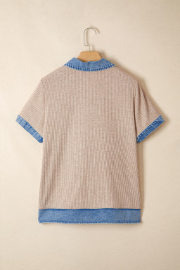 Beige Ribbed Knit Denim Color Block Patchwork Button Detail Collared Blouse