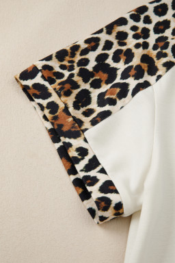Beige Leopard Patchwork Half Button Short Sleeve Top