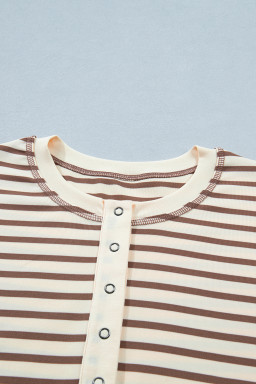 Khaki Stripe Half Buttons Round Neck T Shirt
