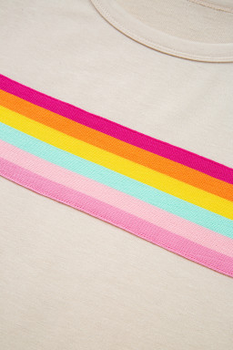 Beige Vibrant Striped Detail Athleisure 2pcs Short Set