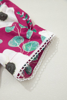 Red Floral Print Trimmed Short Puff Sleeve Mini Dress with Belt