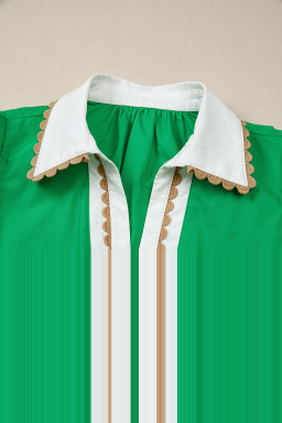 Bright Green Ricrac Trim Color Block Patchwork Shirt Collar Short Sleeve Blouse