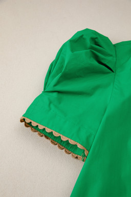 Bright Green Ricrac Trim Color Block Patchwork Shirt Collar Short Sleeve Blouse