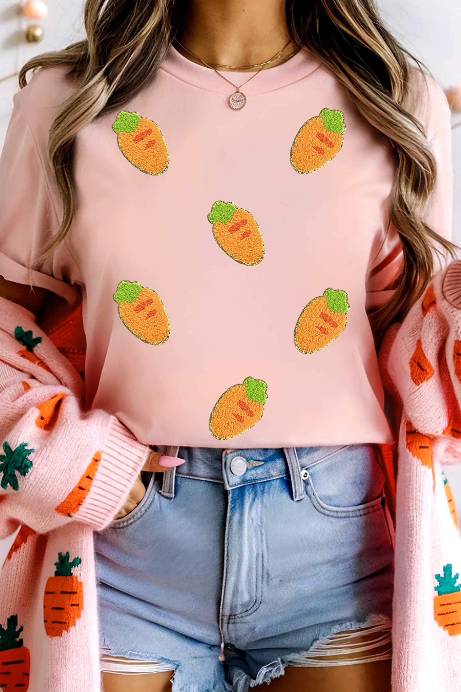 Pink Chenille Carrot Patched Easter Fashion Tee