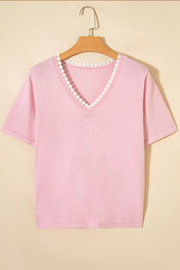 Strawberry Pink Lacy V Neckline Short Sleeve Sweater