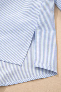 Sky Blue Stripe Ruffled Leopard Patchwork Long Sleeve Button Down Loose Shirt