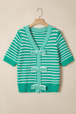 Green Stripe Short Sleeve Knit V Neck Bow Knot Sweater