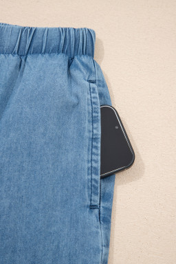 Dusk Blue Ruffled Hem Wide Leg Chambray Pants