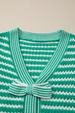 Green Stripe Short Sleeve Knit V Neck Bow Knot Sweater