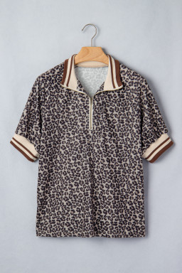 Khaki Leopard Print Half Zip Striped Trim Patchwork Short Sleeve Top