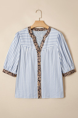 Sky Blue Stripe Leopard Trim V Neck Button Down Half Sleeve Shirt