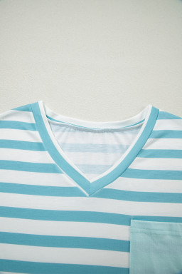 Sky Blue Stripe V Neck Patched Pocket Casual T Shirt