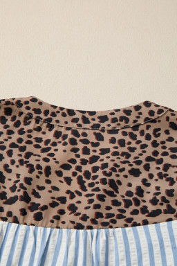 Sky Blue Stripe Leopard Trim V Neck Button Down Half Sleeve Shirt