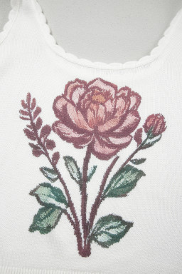 White Retro Floral Print Scalloped Square Neck Knit Sweater Vest