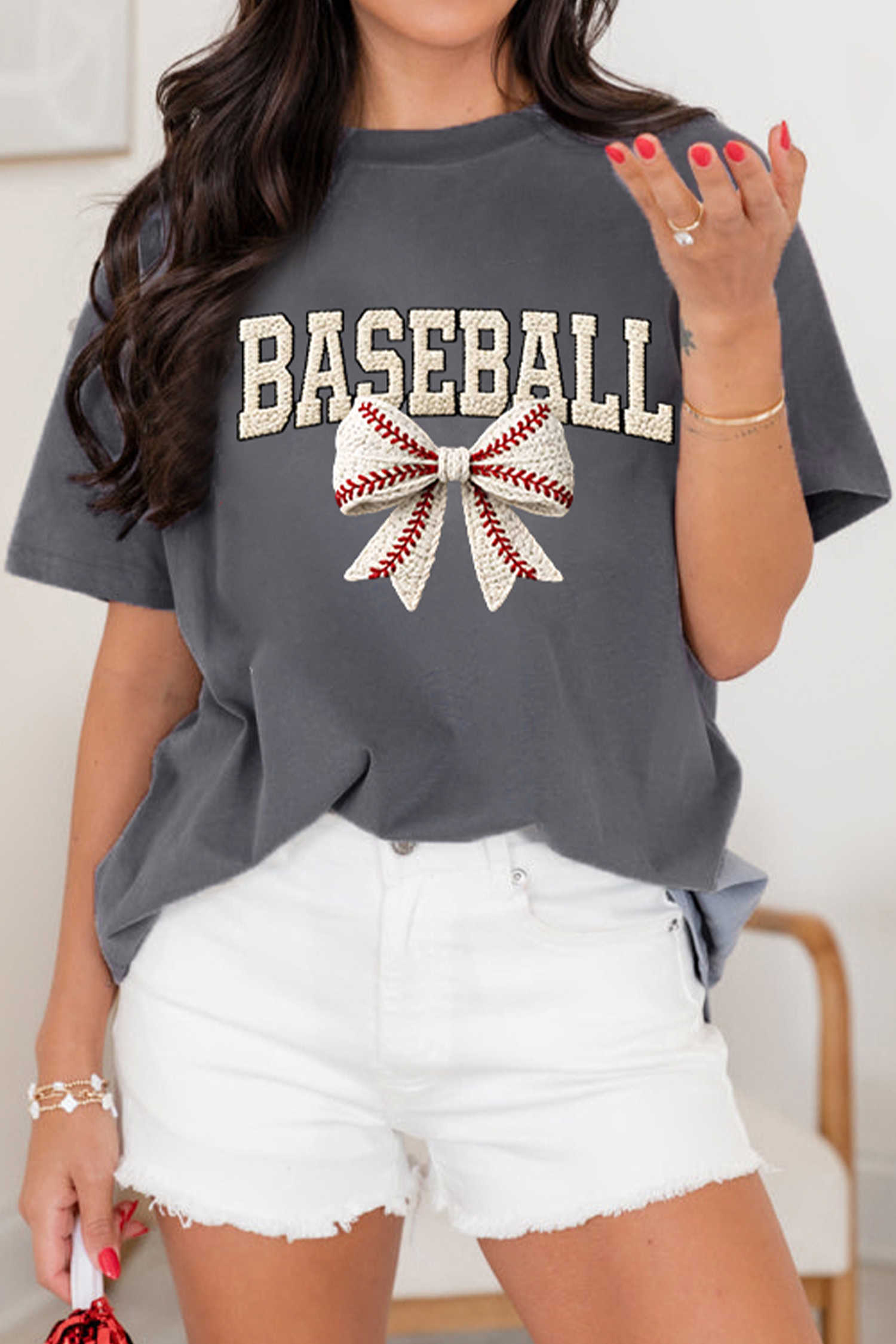 Gray Faux Woven BASEBALL Bow Printed T Shirt