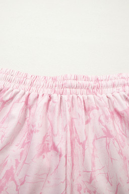 Pink Abstract Print V Neck Loose Tee Drawstring Shorts 2pcs Outfit