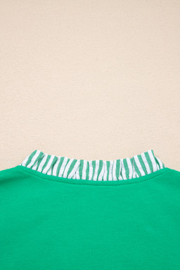 Dark Green Plus Size Button Front Ruffled Stripe Trim V Neck Flutter Sleeve Blouse