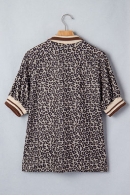 Khaki Leopard Print Half Zip Striped Trim Patchwork Short Sleeve Top