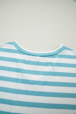 Sky Blue Stripe V Neck Patched Pocket Casual T Shirt