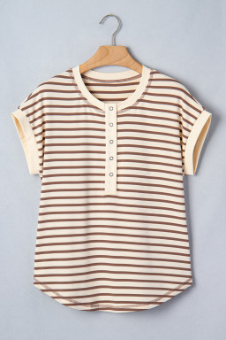 Khaki Stripe Half Buttons Round Neck T Shirt