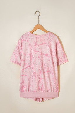 Pink Abstract Print V Neck Loose Tee Drawstring Shorts 2pcs Outfit