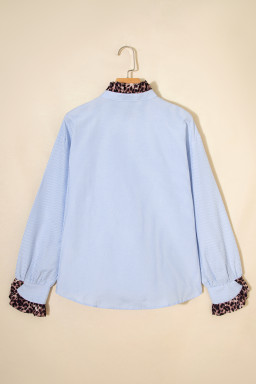 Sky Blue Stripe Ruffled Leopard Patchwork Long Sleeve Button Down Loose Shirt