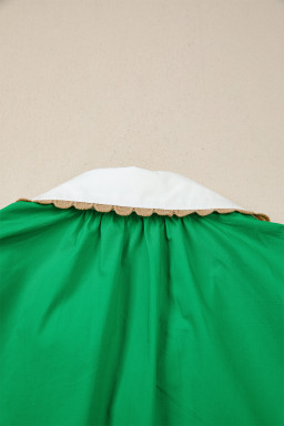 Bright Green Ricrac Trim Color Block Patchwork Shirt Collar Short Sleeve Blouse