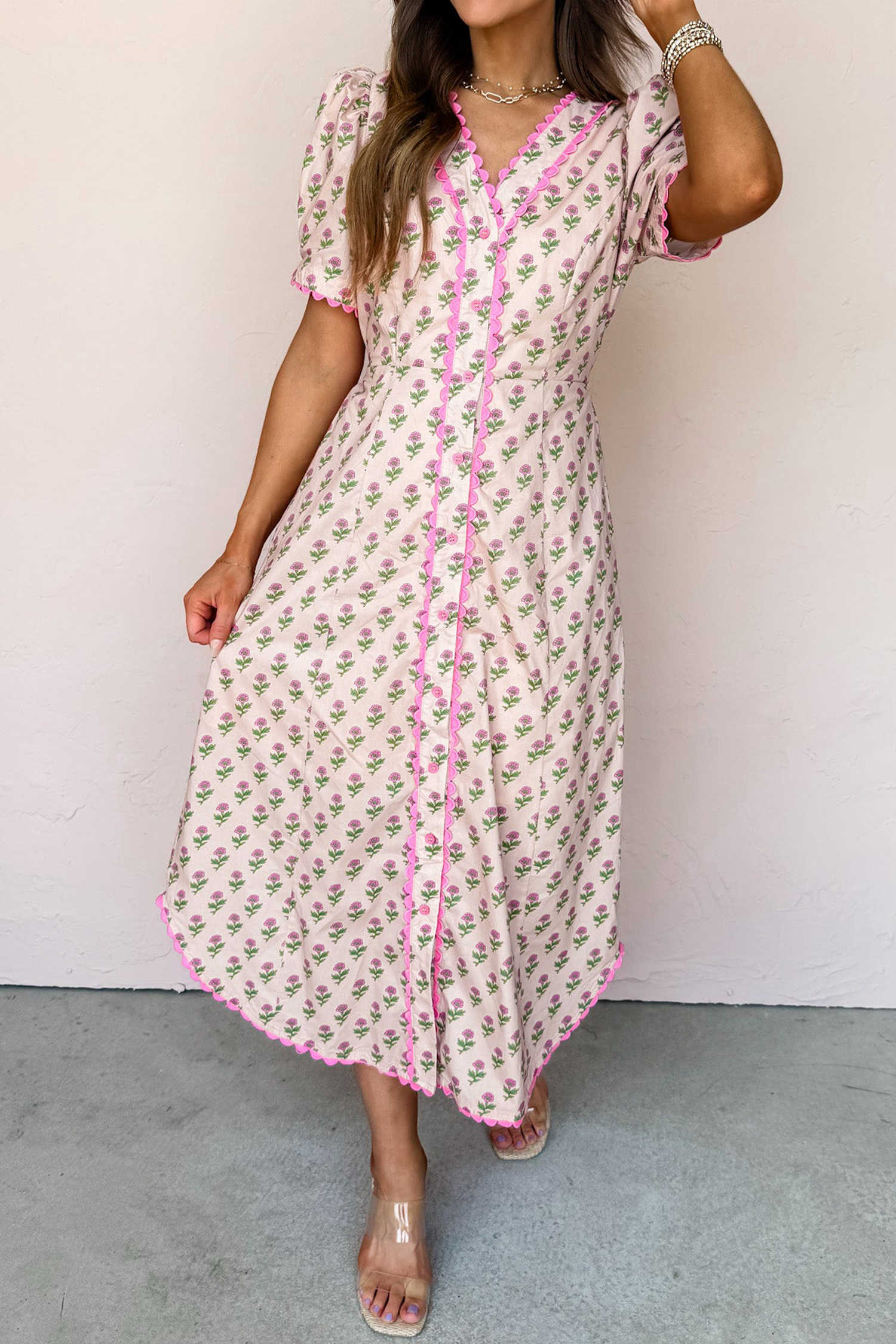 Pink Floral Print V Neck Scallop Trim Button Front Short Sleeve Long Dress