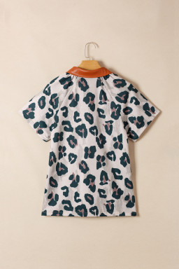 Casual Unique Leopard Print Button Contrast Collared Short Sleeve Blouse