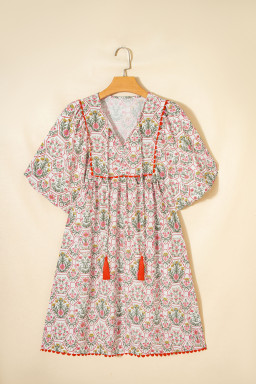 Pink Floral Print Tassel Tie V Neck Scalloped Detail Loose Mini Dress