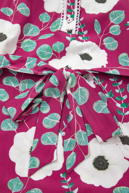 Red Floral Print Trimmed Short Puff Sleeve Mini Dress with Belt