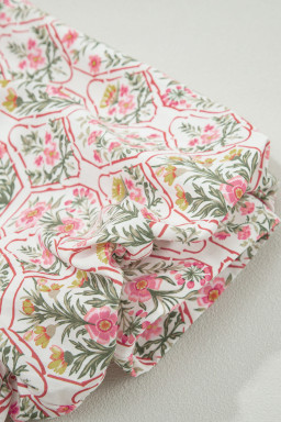 Pink Floral Print Tassel Tie V Neck Scalloped Detail Loose Mini Dress