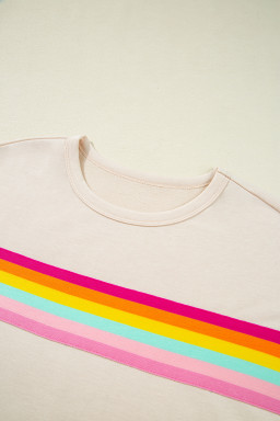 Beige Vibrant Striped Detail Athleisure 2pcs Short Set