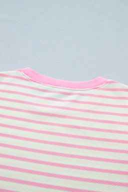 Pink Stripe Ruffled Short Sleeve Patchwork Blouse