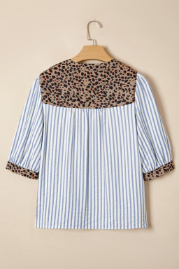 Sky Blue Stripe Leopard Trim V Neck Button Down Half Sleeve Shirt