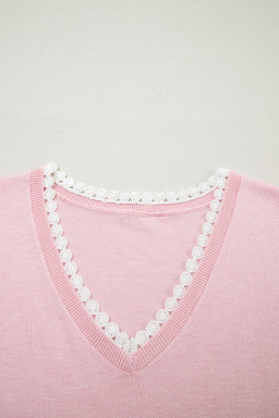 Strawberry Pink Lacy V Neckline Short Sleeve Sweater