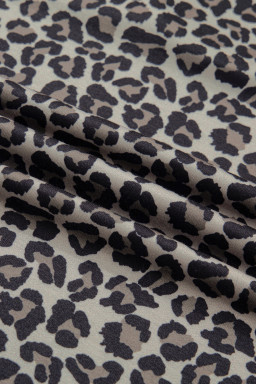 Khaki Leopard Print Half Zip Striped Trim Patchwork Short Sleeve Top