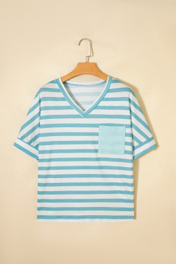 Sky Blue Stripe V Neck Patched Pocket Casual T Shirt