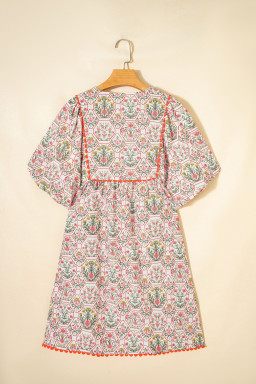 Pink Floral Print Tassel Tie V Neck Scalloped Detail Loose Mini Dress