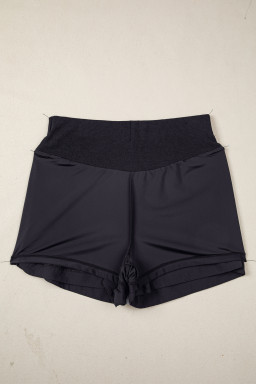 Black Solid Color Ribbed Patchwork High Waist Athletic Shorts