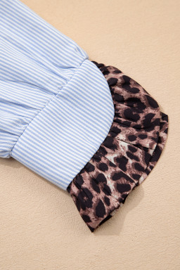 Sky Blue Stripe Ruffled Leopard Patchwork Long Sleeve Button Down Loose Shirt