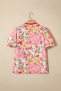 Pink Contrast Collared V Neck Short Sleeve Floral Blouse