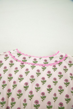Pink Floral Print V Neck Scallop Trim Button Front Short Sleeve Long Dress