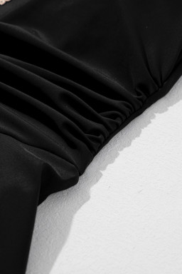 Black Ruffled Short Sleeve Lace Trim V Neck One Piece Swim Dress