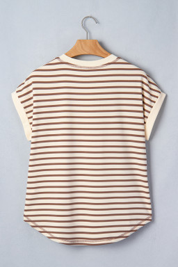 Khaki Stripe Half Buttons Round Neck T Shirt