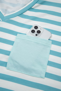 Sky Blue Stripe V Neck Patched Pocket Casual T Shirt