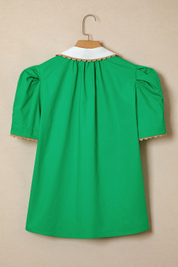 Bright Green Ricrac Trim Color Block Patchwork Shirt Collar Short Sleeve Blouse