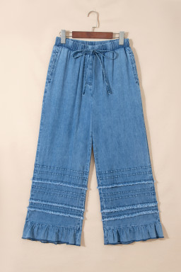 Dusk Blue Ruffled Hem Wide Leg Chambray Pants