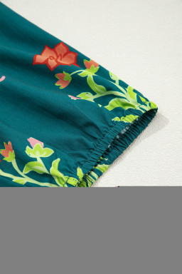 Green Floral Print Contrast Trim Striped Patchwork Short Sleeve Dress