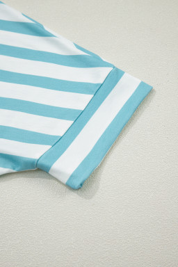 Sky Blue Stripe V Neck Patched Pocket Casual T Shirt